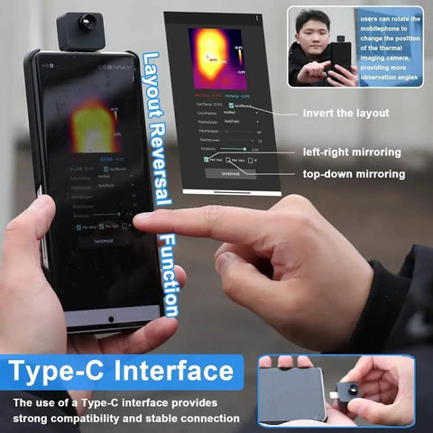 Portable Infrared Thermal Imaging Camera With USB Type C For Android Phone 32 By 32 Resolution Minus 20 To 1000 Celsius Range Real Time IR Imaging Handy TinyThermalImager App, shown connected to an Android phone.