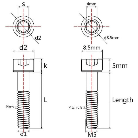 Diagram of Titanium M5 Hex Socket Head Bolts 35mm Length Pack Of 4 Black Finish Grade 5 6AL4V DIN912 Bicycle Hardware With 0.8mm Thread Pitch And 8.5x5mm Heads For 4mm Allen Wrench Ultralight And Bombproof