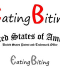 Image of 'Eating Biting' logo with stylized text and trademark information, showcasing branding and legal recognition.