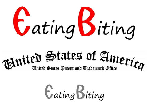 Image of 'Eating Biting' logo with stylized text and trademark information, showcasing branding and legal recognition.