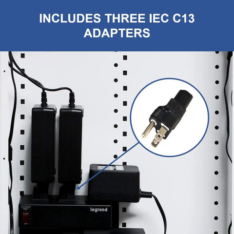 OnQ Half Width Media Enclosure Power Strip For Cable Management, 6 Outlets With 3 IEC C13 And 1 IEC C7 Adapters in black enclosure
