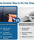 Comparison of Exact Color Match Car Paint Touch Up Pen and metal needle for fixing car scratches and chips.