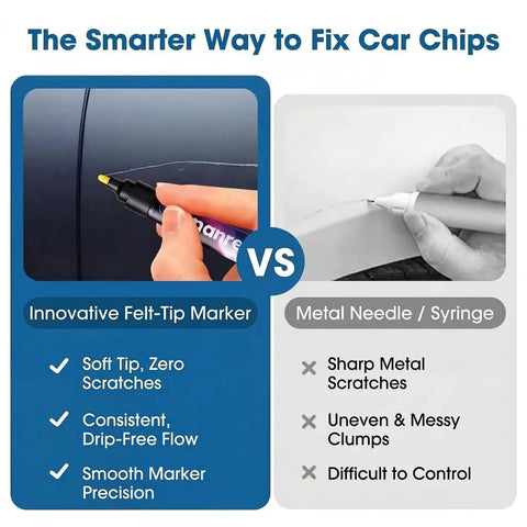 Comparison of Exact Color Match Car Paint Touch Up Pen and metal needle for fixing car scratches and chips.