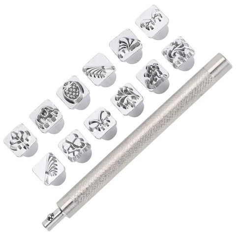 12-Piece Stamping Punch Tool Set For Leather Crafting with animal and plant patterns, zinc alloy stamps and handle