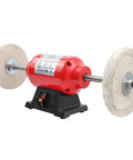 Heavy Duty Bench Buffer With Dual Eight Inch Buffing Wheels, High Speed Polishing Machine For Jewelry Metal Wood And Kitchen Knives, Badass Daily Grind Tool with red motor and fabric wheels.