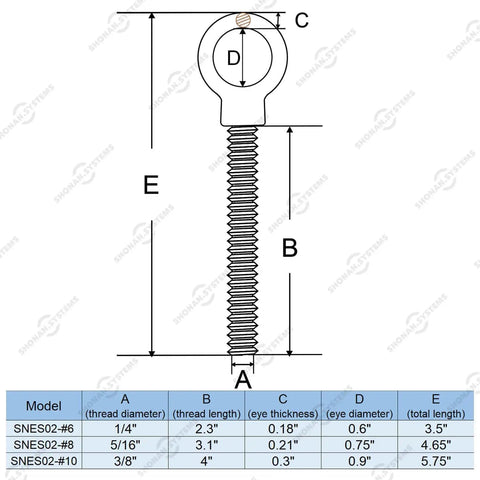 Technical diagram of Heavy Duty Eye Bolt Set Of 4 Beefy 316 Stainless Steel Shoulder Eyebolts With Nut And Washer, showing dimensions.