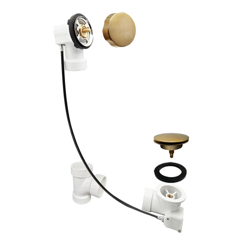 Top Shelf 35 Inch Cable Driven Bath Drain Trim Kit With Rotary Overflow Cover And Smooth Pop Up Stopper Featuring Schedule 40 PVC Construction And Slick Champagne Bronze Finish, arranged components