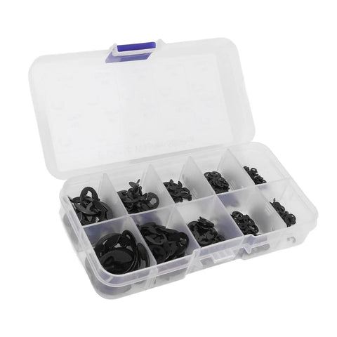 580-piece E Clip Assortment Kit With Stainless Steel E Type Retaining Rings in storage box for secure fixing on grooved shafts