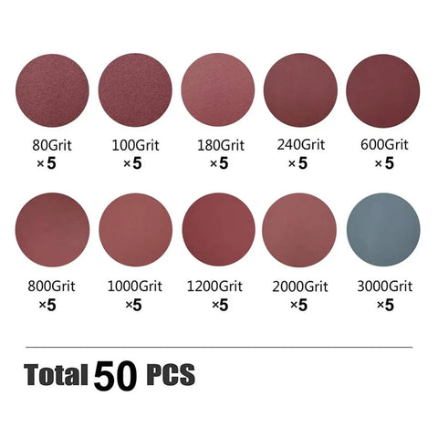 Top Tier 50 Piece 6 Inch Hook And Loop Sanding Discs With Dust Vent Holes For Smooth Wood Metal Carving And Finishing Projects Using Aluminum Oxide Abrasive Grit Range From 80 To 3000 For Pro Grade Results showing various grit levels.