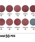 50 Pack 6 Inch Hook And Loop Sanding Discs With Premium Aluminum Oxide Grit Range From 80 To 3000 For Wood Metal Projects Wet Dry Polishing Action with various grits displayed.