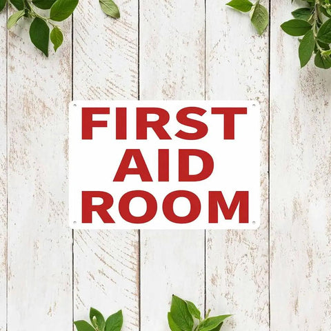 Rugged Rust-Proof Aluminum First Aid Room Sign For Office, Factory, Warehouse, And Workshop - 12 By 8 Inches, outdoor view