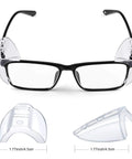 Keepin Your Eyes Safe With Flexible Slip On Eye Glasses Side Shields 8 Pairs Universal Fit Cushioned TPU Protection From Wind Debris Easy On Off Comfortable Shield For Safety And Reading Glasses, shown on black frame glasses with size details.
