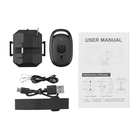 Drone Payload Dropper Airdrop System components including user manual and accessories for DJI Mini and Mavic drones