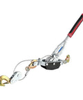 5 Ton Come Along Winch Heavy Duty Dual Gear Power Puller With 3 Hook Steel Cable for towing and lifting, side view.