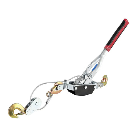 5 Ton Come Along Winch Heavy Duty Dual Gear Power Puller With 3 Hook Steel Cable for towing and lifting, side view.