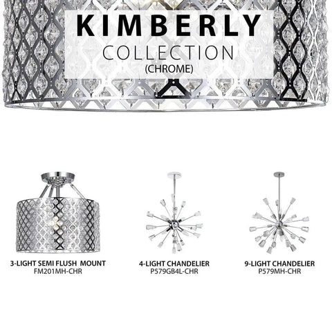 Kimberly Collection chrome chandeliers, including 4-light crystal Sputnik chandelier in polished chrome, modern design.