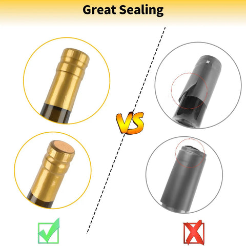 60 Piece Wine Bottle Sealer Kit With Cork Stoppers And PVC Heat Shrink Capsules In Black Red Gold Reusable Wine Stopper Set For Home Travel Cruises And Parties showing great sealing with gold capsule vs black capsule.