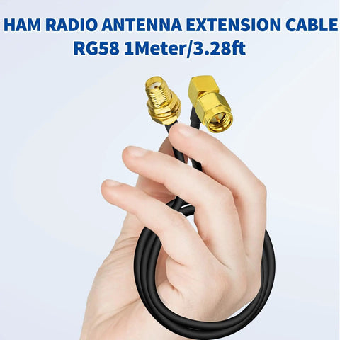 Hand holding Ham Radio Antenna Extension Relocation Cable with SMA Male Right Angle to Female RG58 Coaxial Cable 1m.