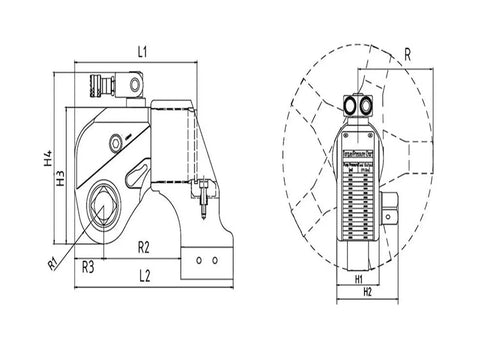 Heavy Duty Hydraulic Torque Wrench Two And A Half Inch Square Drive Adjustable Range Aluminum Alloy Body technical drawing with dimensions