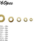 Brass Flat Washer Set 360 Pcs Assortment Kit M2 M2.5 M3 M4 M5 M6 M8 M10 With 0.4 To 1.2 mm Thickness, Perfect For Outdoor Humid Environments, Marine Hardware, Motors, Cylinders And Valves. Brass washers assortment with size list.