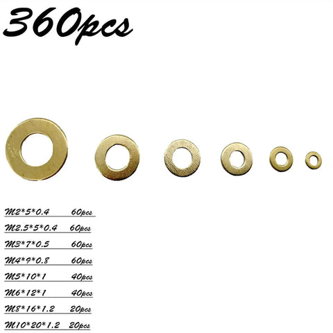 Brass Flat Washer Set 360 Pcs Assortment Kit M2 M2.5 M3 M4 M5 M6 M8 M10 With 0.4 To 1.2 mm Thickness, Perfect For Outdoor Humid Environments, Marine Hardware, Motors, Cylinders And Valves. Brass washers assortment with size list.