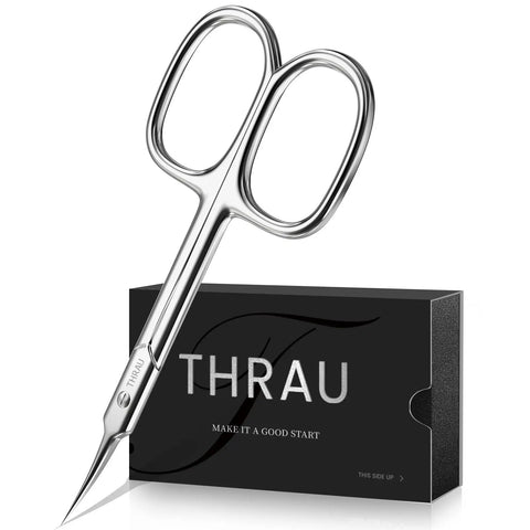 Pro Grade Extra Fine Cuticle Scissors With Curved Blade For Nails And Eyebrows On Point Precision Grooming Kit shown with packaging