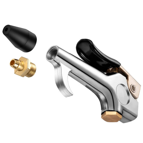 Close-up of part from 8 Piece Air Blow Tools Set With Adjustable Nozzles For Air Compressors Pro Grade Flow Attachments showing alloy nozzle.