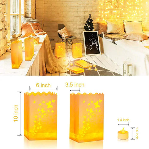 Lit Butterfly Luminary Bags And Flameless LED Tealights Set Of 50 Each White Outdoor Lanterns For Christmas Thanksgiving Decorations Garden Pathway Lighting displayed in a cozy room.