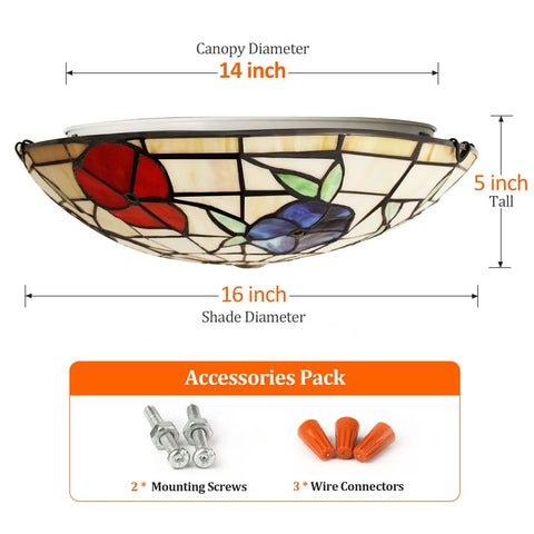 Tiffany Style 3 Light Ceiling Light 16 Inch Stained Glass Flush Mount Handmade Eye Catching Jewel Tone Fixture accessories
