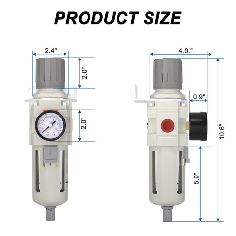 Dimensions of Three-Quarter Inch NPT Air Filter Regulator Combo With 5 Micron Brass Element And Semi Auto Drain