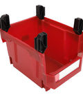 Mount These Red Heavy Duty Stackable Wall Storage Bins For Garage Organizer Plastic Tool Caddies Built Super Durable For Shop Warehouse And Home Organization Flex red tool caddy with black clips on top.