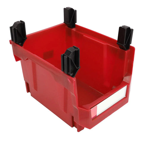 Mount These Red Heavy Duty Stackable Wall Storage Bins For Garage Organizer Plastic Tool Caddies Built Super Durable For Shop Warehouse And Home Organization Flex red tool caddy with black clips on top.