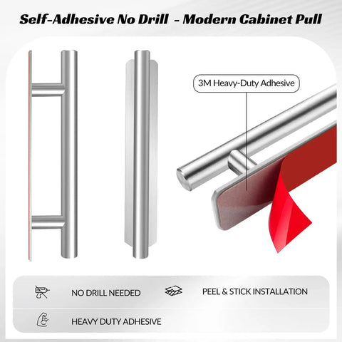 6 Inch Brushed Stainless Cabinet Pulls Self Adhesive No Drill Drawer Handles with 3M adhesive backing, side view