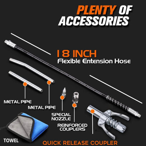 Lnchett grease gun kit with 18-inch flexible hose, two metal extension pipes, couplers, quick-release coupler, and towel.