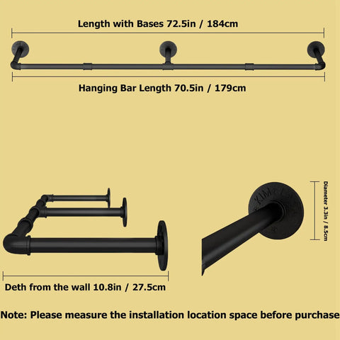 Wall Mounted Clothes Rack 72.5in Industrial Pipe Vibe Heavy Duty Detachable Iron Garment Bar dimension details