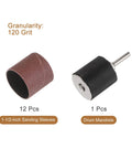 Twelve Pcs 1-1/2 Inch Sanding Sleeves Kit 120 Grit With 1/4 Inch Drum Mandrels For Rotary Tools, shown with sleeve and mandrel