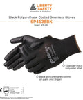 Top Shelf Heavy Duty 13 Gauge Seamless Work Gloves With Polyurethane Palm Coating And Lightweight Polyester Shell For Mechanics And Construction Pros Black Large Pack Of 12 showing black polyester gloves with grip palm