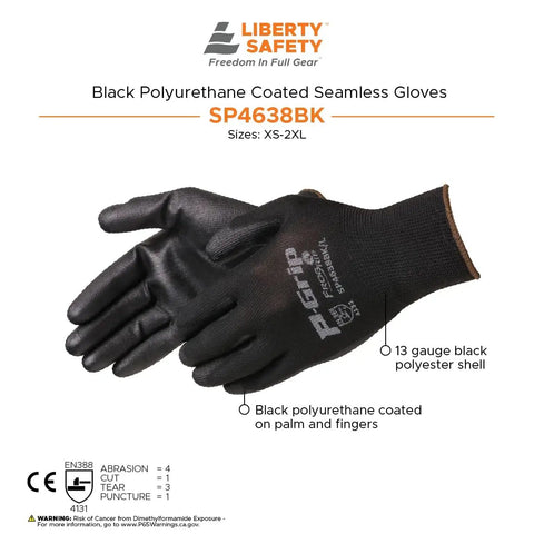 Top Shelf Heavy Duty 13 Gauge Seamless Work Gloves With Polyurethane Palm Coating And Lightweight Polyester Shell For Mechanics And Construction Pros Black Large Pack Of 12 showing black polyester gloves with grip palm