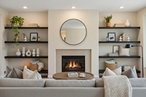 Cozy living room with beige couch, wood coffee table, modern fireplace, and black shelves displaying decor items.