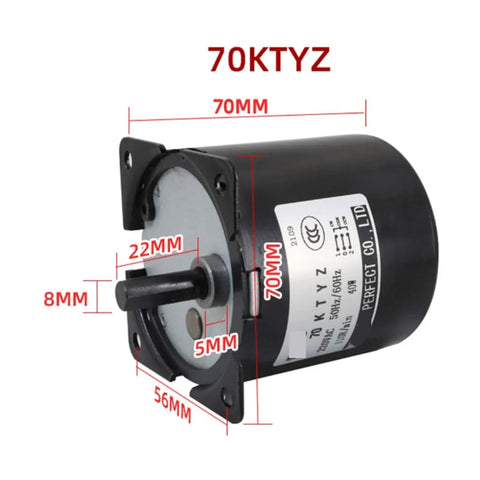 High Torque Permanent Magnet Synchronous Motor 40W 110V 220V CW CCW Low Speed Gear Motor For RC Cars EScooters And Small Appliances Great For DIYers With RPM Range Two Point Five Five Ten Fifteen Twenty Thirty Fifty Sixty Eighty One Hundred Ten, black motor with measurements shown, front and side view.