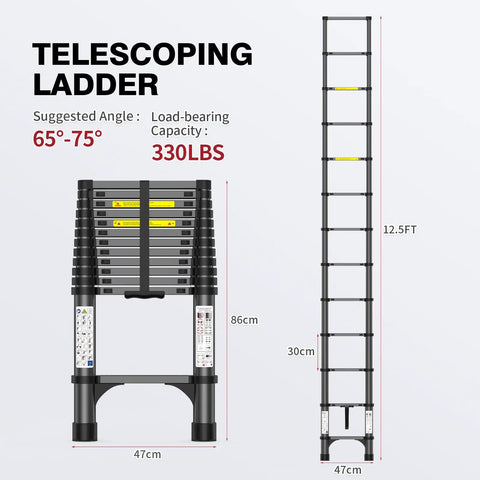 12.5ft Telescoping Aluminum Ladder, Heavy Duty 330 Lb Capacity, All Black, Triangular Stabilizers For Extra Stability, Non Slip Feet, Lightweight Yet Durable Extension Ladder For Home, Garage, And Job Site Go-To Workhorse. Folded and extended views with 12.5ft reach.