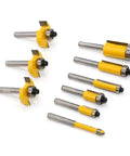 Slick Tungsten Carbide Router Bit Set Featuring Badass One Quarter Inch Shank And Premium Thirty Five Piece Woodworking Cutters displaying various yellow-tipped bits.