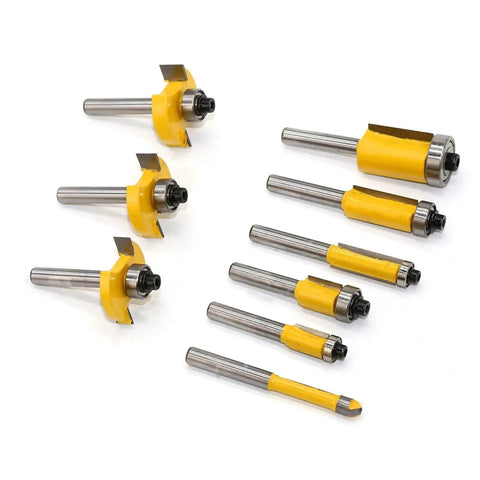 Slick Tungsten Carbide Router Bit Set Featuring Badass One Quarter Inch Shank And Premium Thirty Five Piece Woodworking Cutters displaying various yellow-tipped bits.
