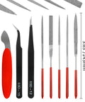 Variety of precision files and tweezers from 26 Piece Gundam Model Tools Kit For Builders DIY Friendly Set, size 5.63 inches.