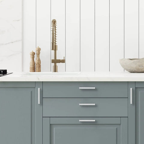 Modern kitchen with blue cabinets featuring Brushed Nickel Four And Half Inch Cabinet Handles Square Kitchen Pulls For Cabinets And Drawers Durable Hardware