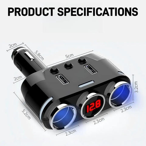 Heavy Duty Wireless Car Charger For Toyota RAV4 EV With Independent Switches And Led Voltage Display Plus 150W Quick Charge 3 showing product dimensions and specifications.