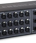 Remote Audio Rack for GLD Digital Mixing System Featuring 24 Inputs and 12 Outputs, Locking XLRs, black front view.