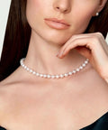 Must Have 14K Gold Akoya Pearl Necklace Bracelet Earrings Set With 18 Inch Princess Length For Women 7.5 To 8mm Round White Cultured Pearls High Luster Classic Elegant Jewelry Trio on model