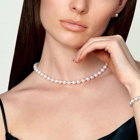 Must Have 14K Gold Akoya Pearl Necklace Bracelet Earrings Set With 18 Inch Princess Length For Women 7.5 To 8mm Round White Cultured Pearls High Luster Classic Elegant Jewelry Trio on model