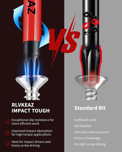 Front view of RLVKEAZ 12-pc impact security Torx bits; left shows red impact driver bit, right shows standard bit